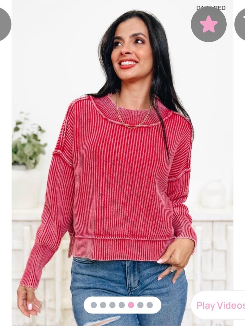 Zenana Outfitters Mineral washed Red Ribbed Crewneck Sweater - Picture 2 of 12